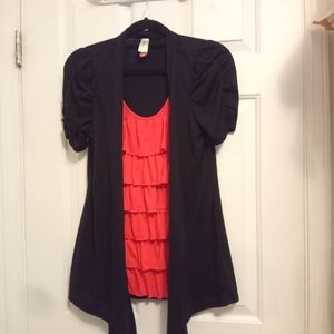 Attached Red Ruffle Blouse with Black Cardigan